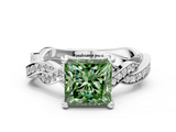 White gold Fancy Green Princess  Cut Twisted Pavé Band Solitaire Ring with Four-Prong Setting