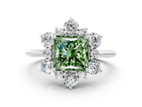 White gold Fancy Green Princess  Diamond Cluster Halo Ring with Solitaire Band and Four-Prong Setting