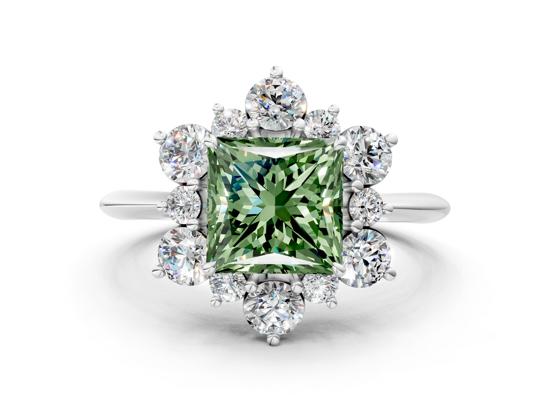 White gold Fancy Green Princess  Diamond Cluster Halo Ring with Solitaire Band and Four-Prong Setting