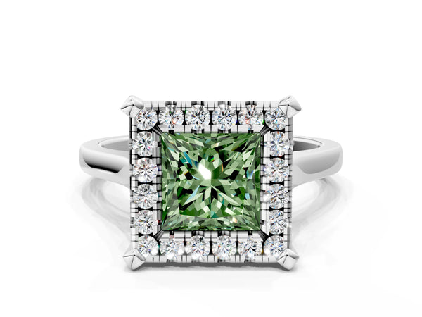 Platinum Fancy Green Princess  Diamond Cluster Halo Solitaire with Four-Prong Setting
