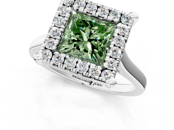 Platinum Fancy Green Princess  Diamond Cluster Halo Solitaire with Four-Prong Setting
