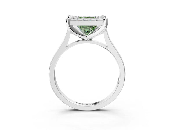 Platinum Fancy Green Princess  Diamond Cluster Halo Solitaire with Four-Prong Setting