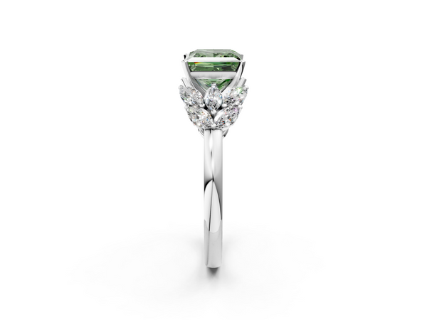 White gold Fancy Green Princess  Diamond Cluster Leaf Design Ring with Prong Setting