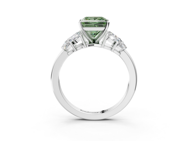 White gold Fancy Green Princess  Diamond Cluster Leaf Design Ring with Prong Setting