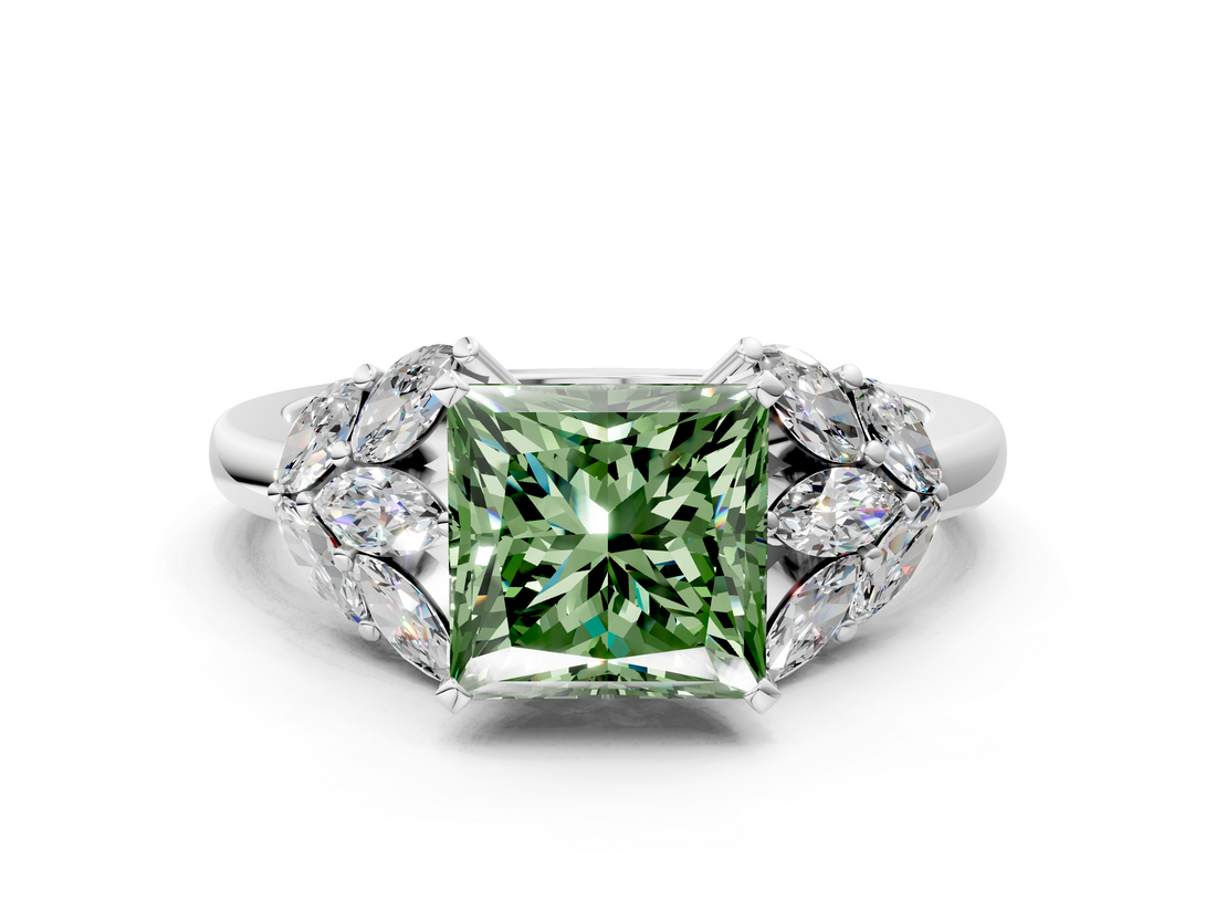 White gold Fancy Green Princess  Diamond Cluster Leaf Design Ring with Prong Setting