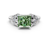 White gold Fancy Green Princess  Diamond Cluster Leaf Design Ring with Prong Setting