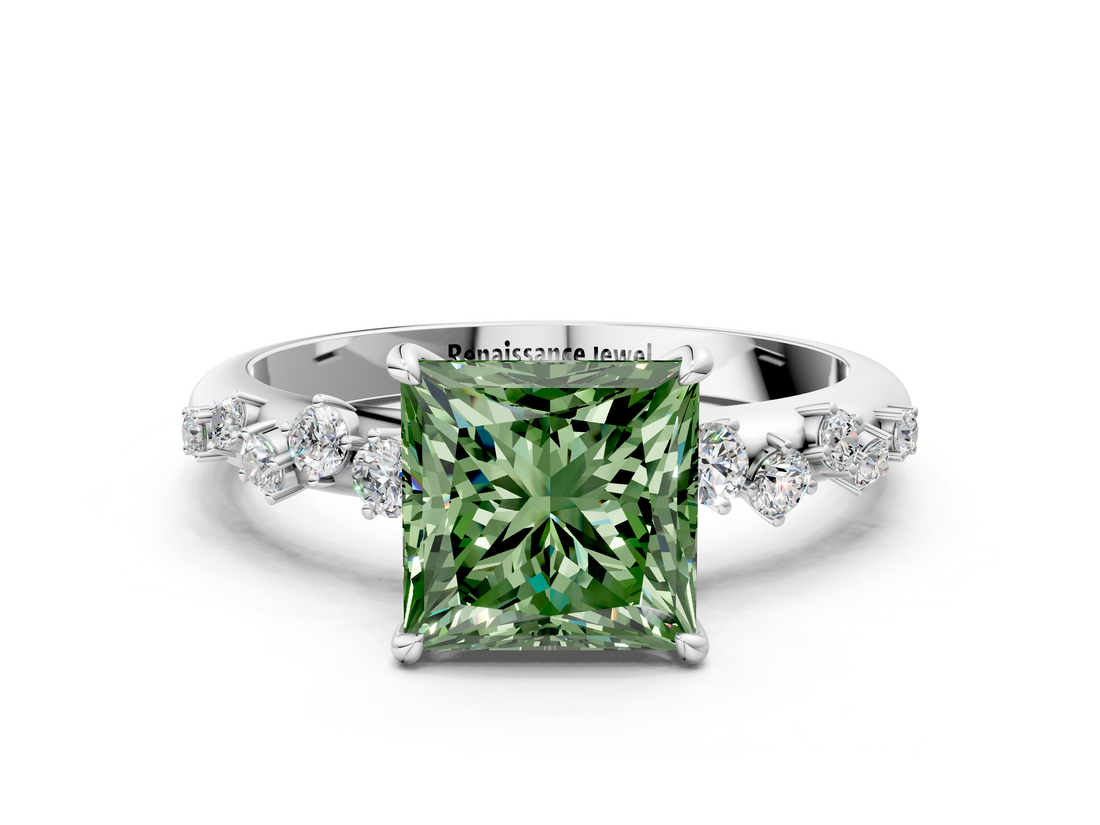 White gold Fancy Green Princess  Diamond Cluster Prong-Set Solitaire Ring