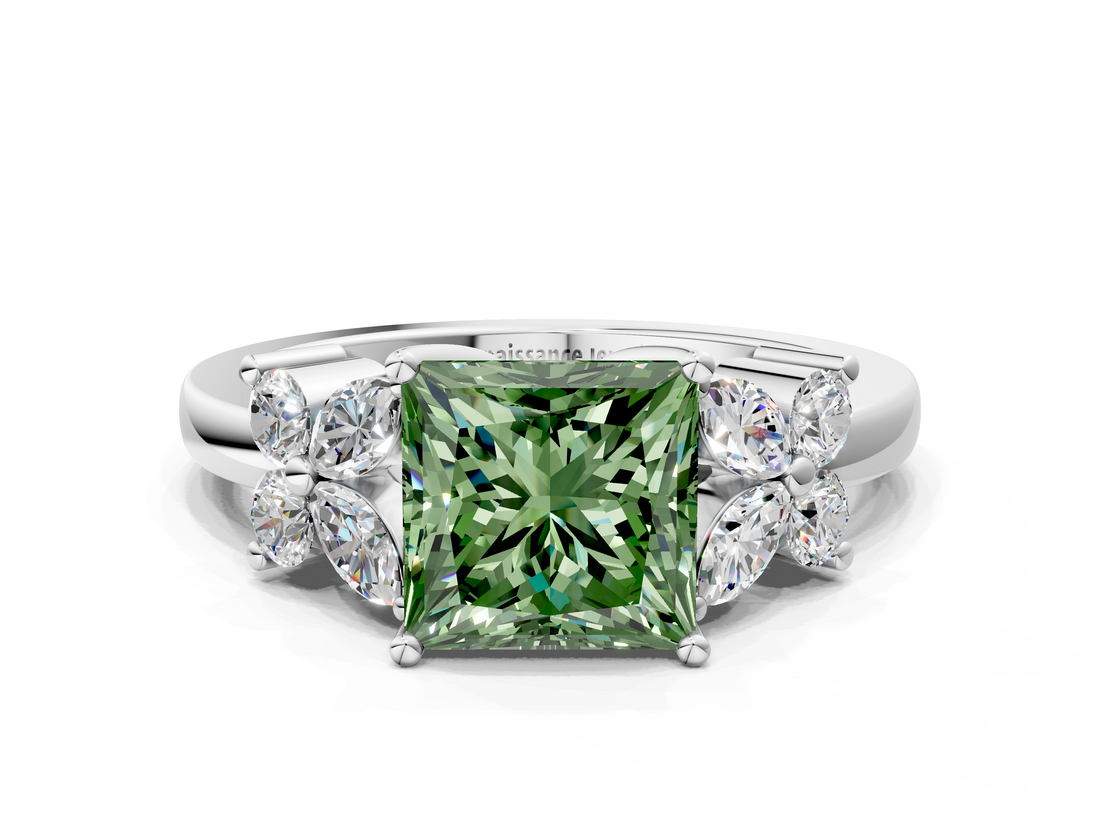 White gold Fancy Green Princess  Diamond Floral Cluster Ring with Solitaire Band and Prong Setting