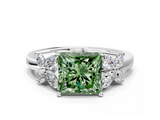 White gold Fancy Green Princess  Diamond Floral Cluster Ring with Solitaire Band and Prong Setting