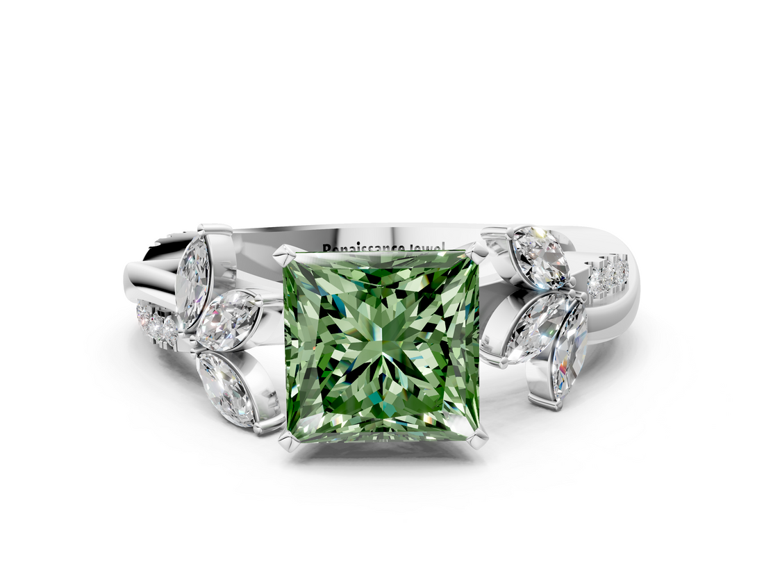 White gold Fancy Green Princess  Diamond Floral Vine Solitaire Engagement Ring