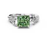 White gold Fancy Green Princess  Diamond Floral Vine Solitaire Engagement Ring