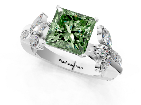 White gold Fancy Green Princess  Diamond Floral Vine Solitaire Engagement Ring