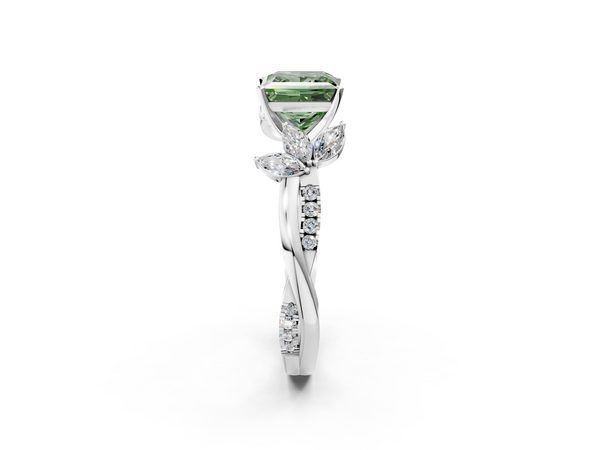 White gold Fancy Green Princess  Diamond Floral Vine Solitaire Engagement Ring