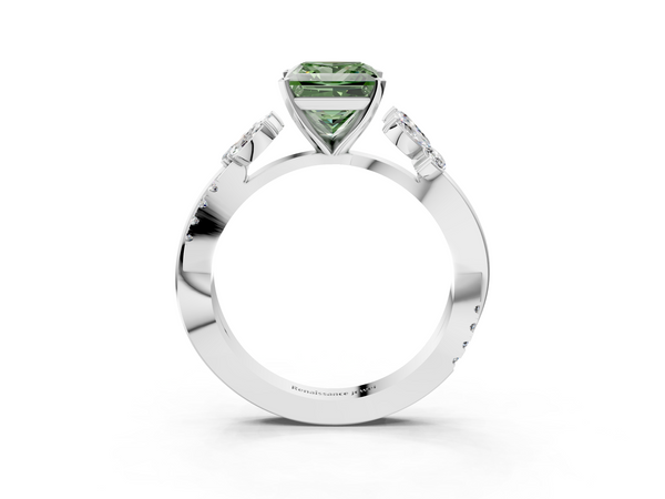 White gold Fancy Green Princess  Diamond Floral Vine Solitaire Engagement Ring