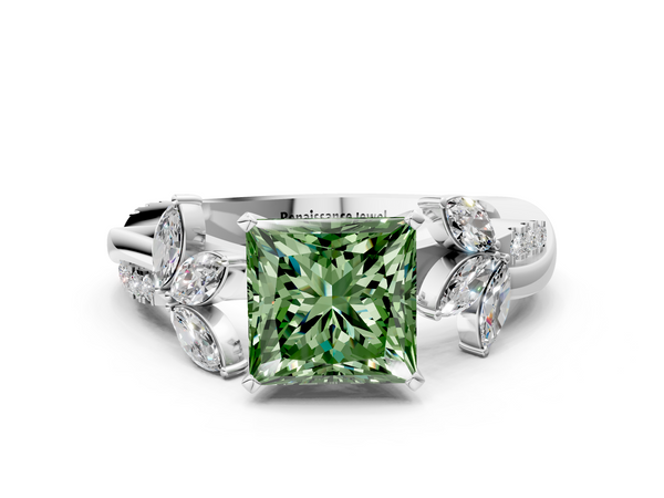 White gold Fancy Green Princess  Diamond Floral Vine Solitaire Engagement Ring