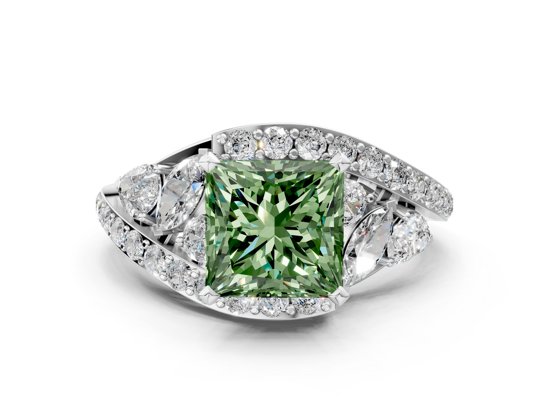 White gold Fancy Green Princess  Diamond Halo Ring with Marquise and Pavé Band in Prong Setting