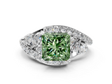 White gold Fancy Green Princess  Diamond Halo Ring with Marquise and Pavé Band in Prong Setting
