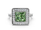 White gold Fancy Green Princess  Diamond Halo Ring with Milgrain Frame and Pavé Band_35