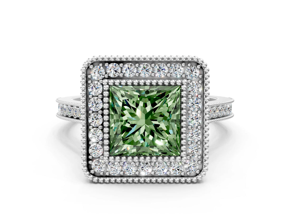 White gold Fancy Green Princess  Diamond Halo Ring with Milgrain Frame and Pavé Band_35