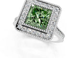 White gold Fancy Green Princess  Diamond Halo Ring with Milgrain Frame and Pavé Band_36
