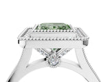 White gold Fancy Green Princess  Diamond Halo Ring with Milgrain Frame and Pavé Band_39