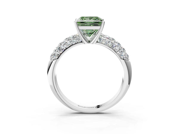 Platinum Fancy Green Princess  Diamond Pavé Band Solitaire Ring with Four-Prong Setting