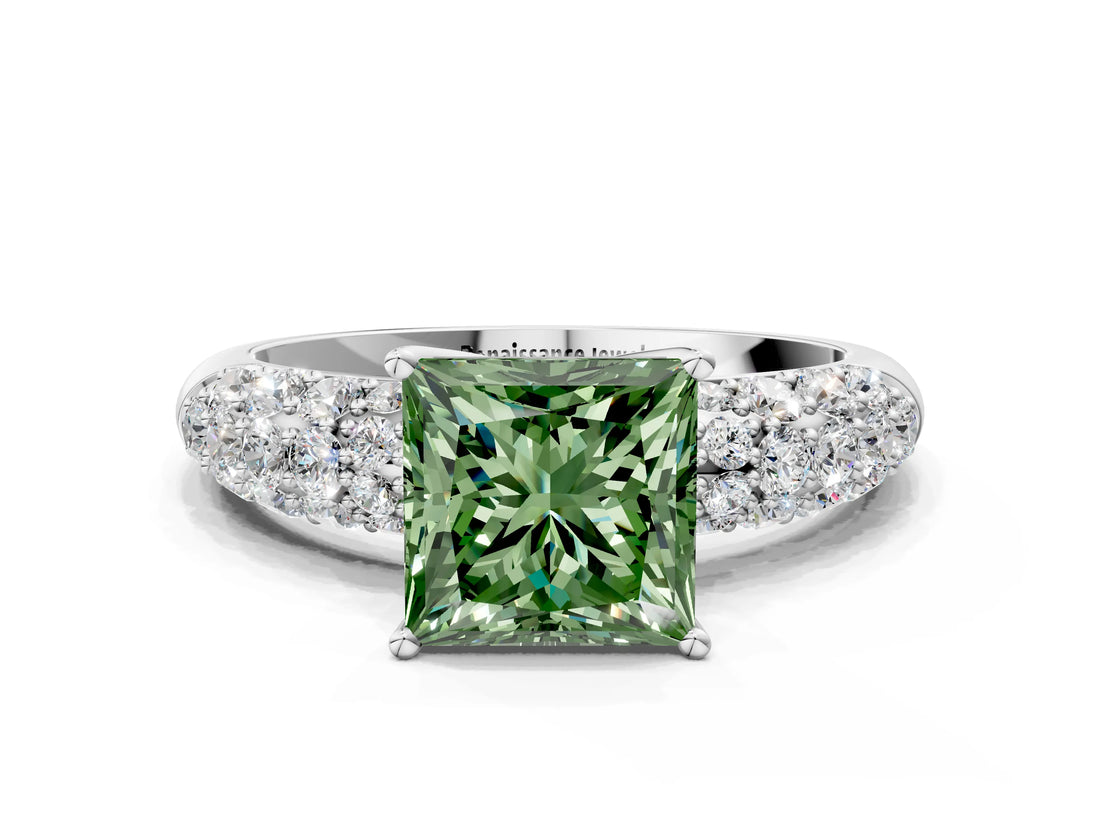 White gold Fancy Green Princess  Diamond Pavé Band Solitaire Ring with Four-Prong Setting_34