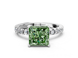 White gold Fancy Green Princess  Diamond Pavé Band Solitaire with Four-Prong Setting