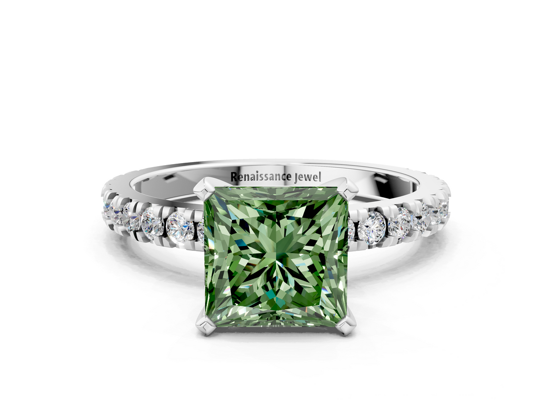 White gold Fancy Green Princess  Diamond Pavé Band Solitaire with Four-Prong Setting