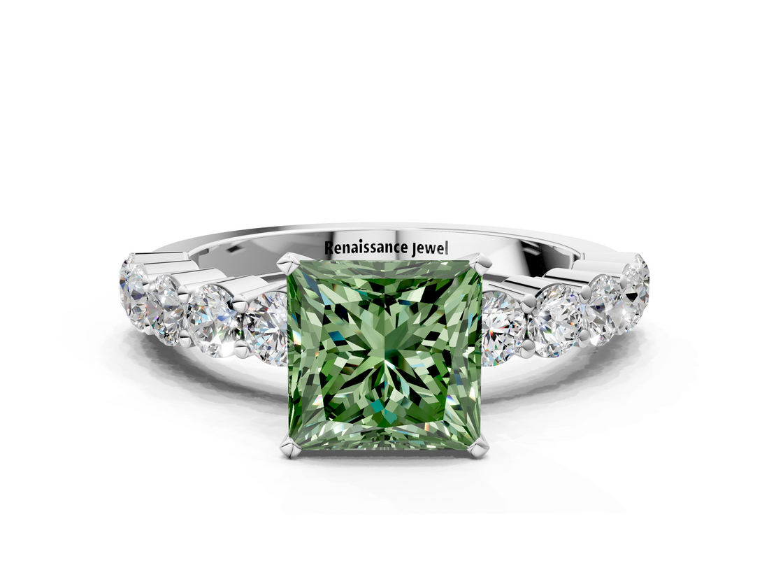 White gold Fancy Green Princess  Diamond Pavé Band Solitaire with Four-Prong Setting