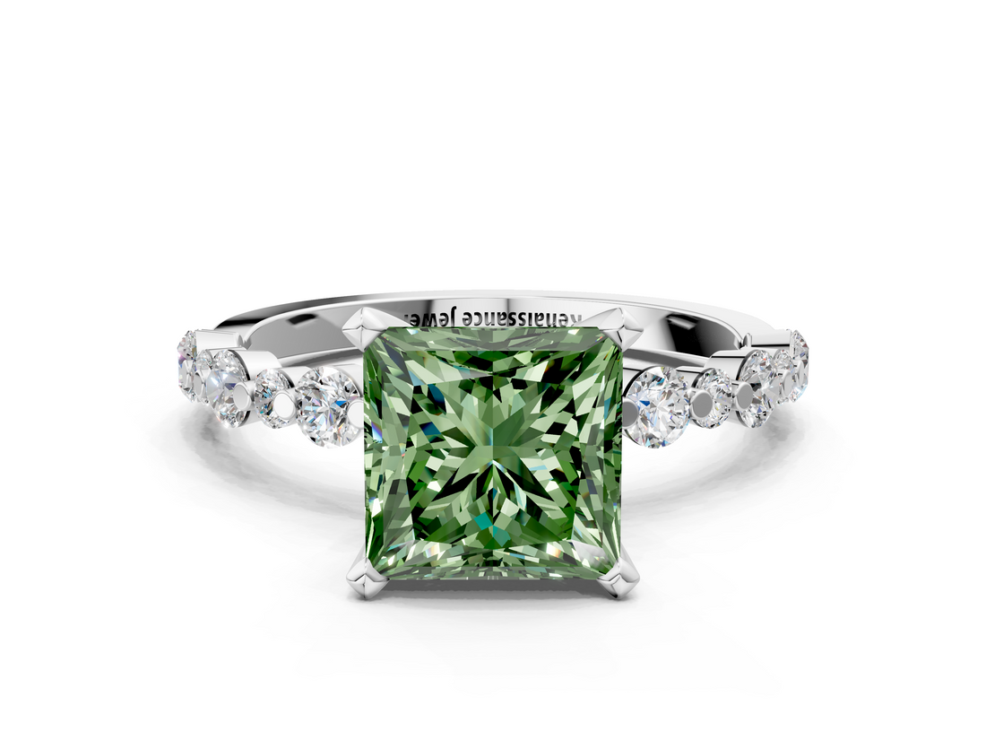 White gold Fancy Green Princess  Diamond Prong Set Engagement Ring with Pave Band