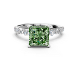 White gold Fancy Green Princess  Diamond Prong Set Engagement Ring with Pave Band