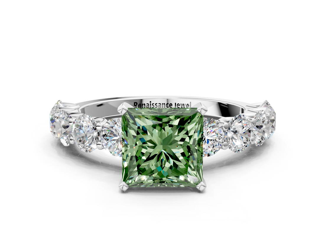 White gold Fancy Green Princess  Diamond Prong Setting with Side Stones on a Pave Band
