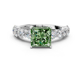 White gold Fancy Green Princess  Diamond Prong Setting with Side Stones on a Pave Band