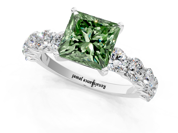 Platinum Fancy Green Princess Cut Diamond Prong Setting with Side Stones on a Pave Band