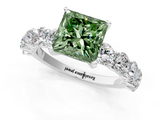 White gold Fancy Green Princess  Diamond Prong Setting with Side Stones on a Pave Band_1
