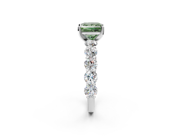 Platinum Fancy Green Princess Cut Diamond Prong Setting with Side Stones on a Pave Band