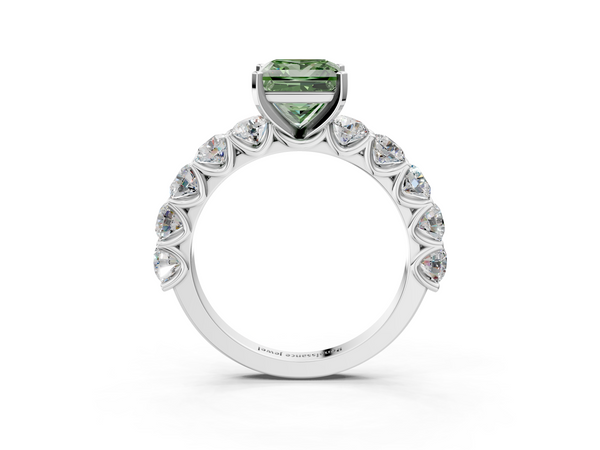 Platinum Fancy Green Princess Cut Diamond Prong Setting with Side Stones on a Pave Band