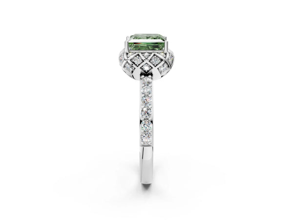 White gold Fancy Green Princess  Diamond Solitaire Ring with Shared Prong Pavé Band