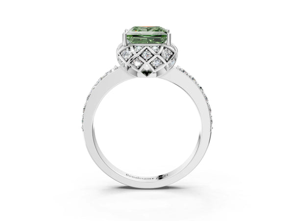 White gold Fancy Green Princess  Diamond Solitaire Ring with Shared Prong Pavé Band