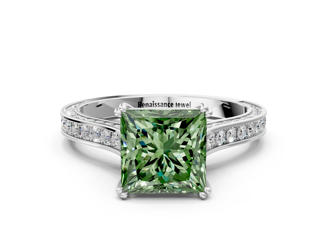 White gold Fancy Green Princess  Diamond Solitaire with Pave Band and Six-Prong Setting