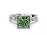White gold Fancy Green Princess  Diamond Solitaire with Pave Band and Six-Prong Setting