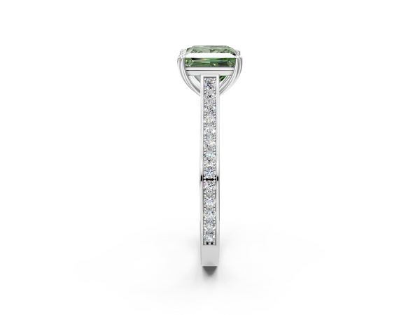 White gold Fancy Green Princess  Diamond Solitaire with Pave Band and Six-Prong Setting