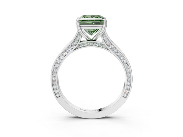 White gold Fancy Green Princess  Diamond Solitaire with Pave Band and Six-Prong Setting