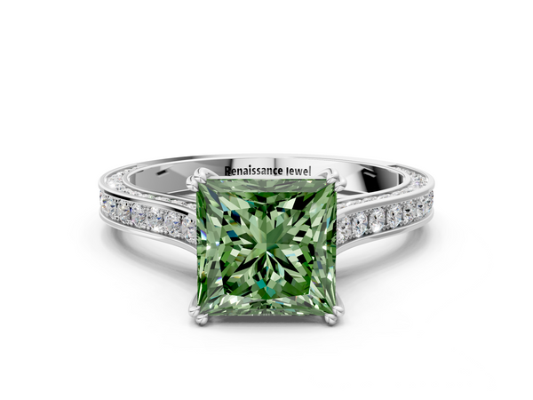White gold Fancy Green Princess  Diamond Solitaire with Pave Band and Six-Prong Setting