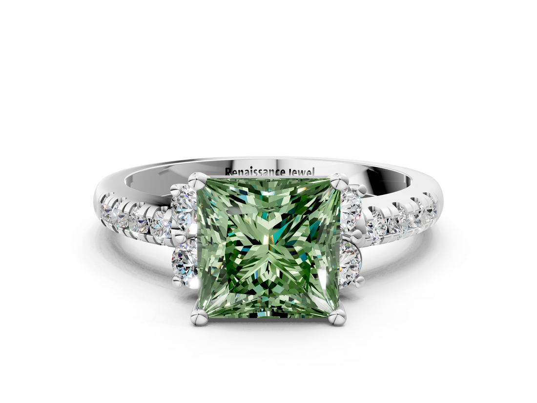 White gold Fancy Green Princess  Diamond Three-Stone Pave Band with Four-Prong Setting