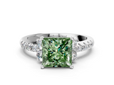 White gold Fancy Green Princess  Diamond Three-Stone Pave Band with Four-Prong Setting