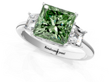 White gold Fancy Green Princess  Diamond Three-Stone Ring with Trapezoid Side Stones and Prong Setting_1