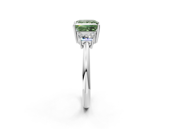 White gold Fancy Green Princess  Diamond Three-Stone Ring with Trapezoid Side Stones and Prong Setting