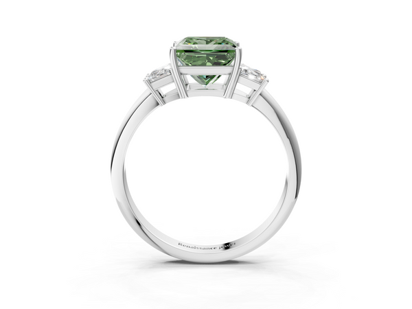 White gold Fancy Green Princess  Diamond Three-Stone Ring with Trapezoid Side Stones and Prong Setting